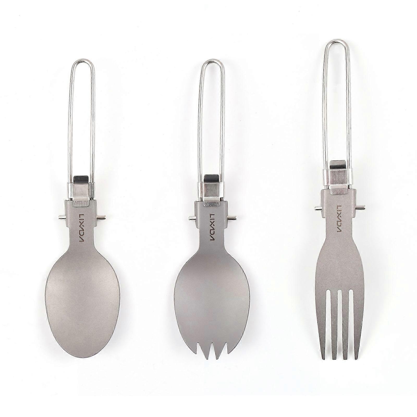 Camping Spoon Fork Combo Ti Salad Lightweight Compact Camping Utensils Stainless Steel and Ti Acid Alkali Resistant Corrosion-Resistant 3 PCS