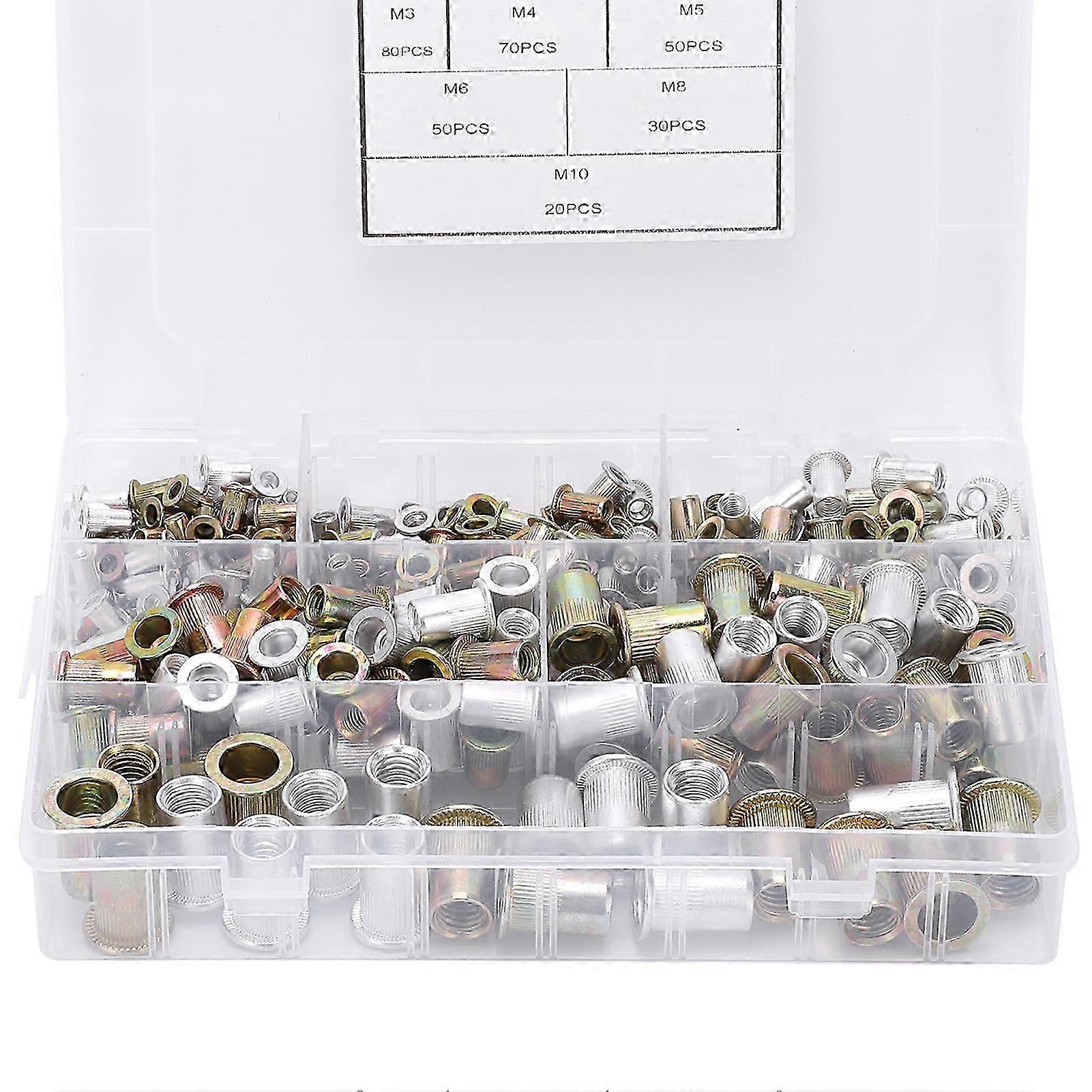 300Pcs Rivet Nut Set Carbon Steel Threaded Insert Kit Assortment with 6 Specifications