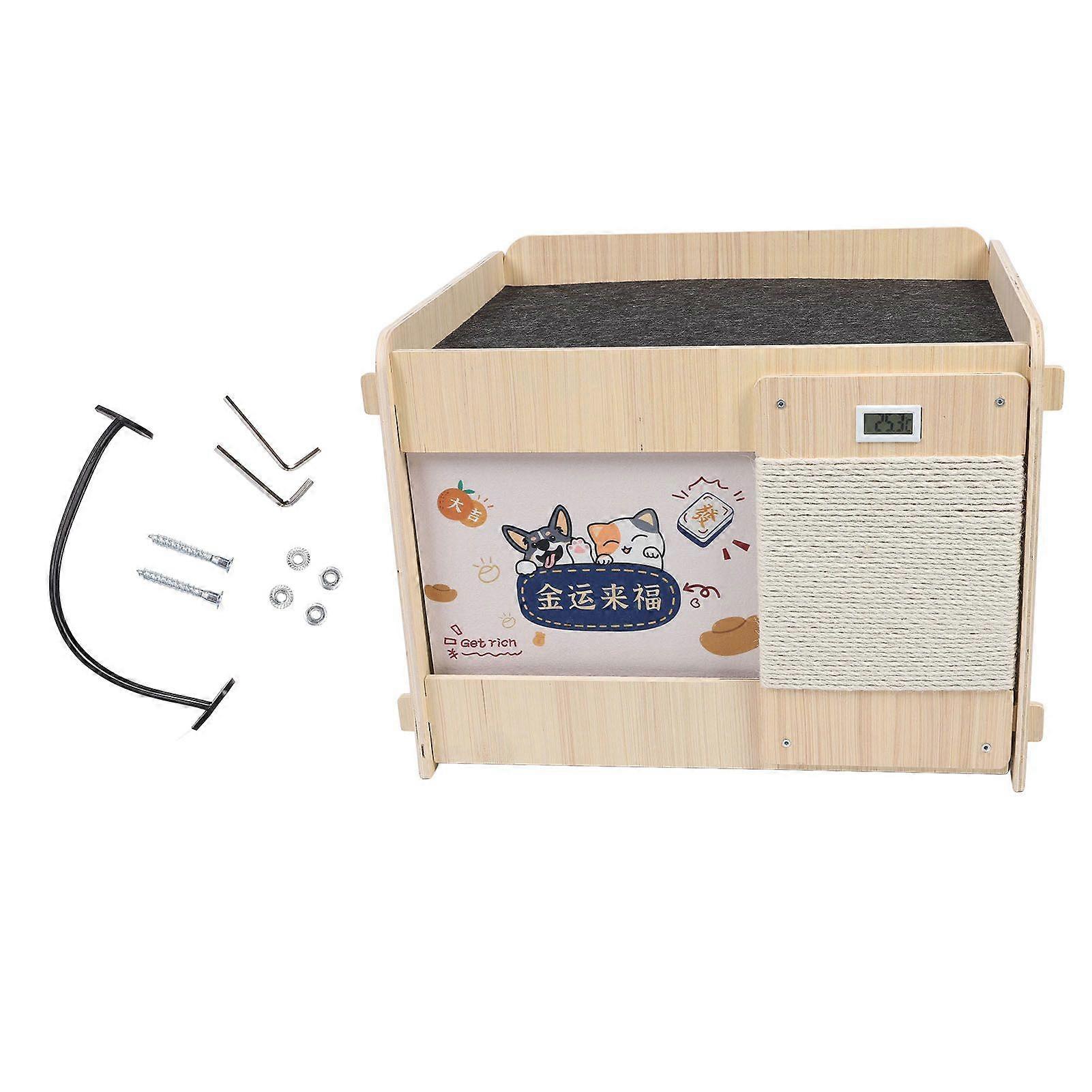 Cooling Cat House Wooden LCD Temperature Display Outside Feral Cat Shelter with Crystal Ice Mat for Indoor Outdoor