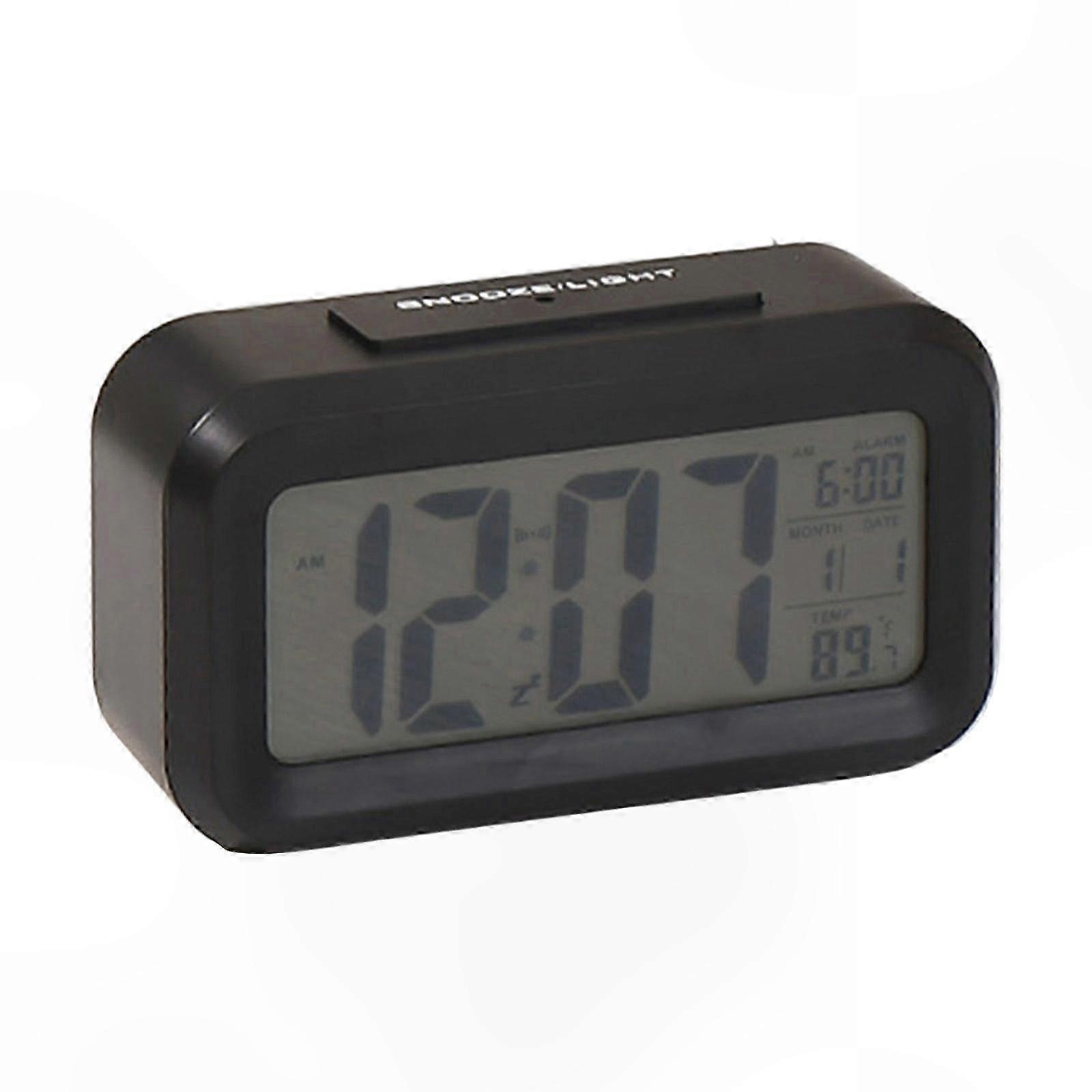 Digital Alarm Clock with Calendar, Temperature, Snooze, Auto Nightlight, Battery-Powered, White