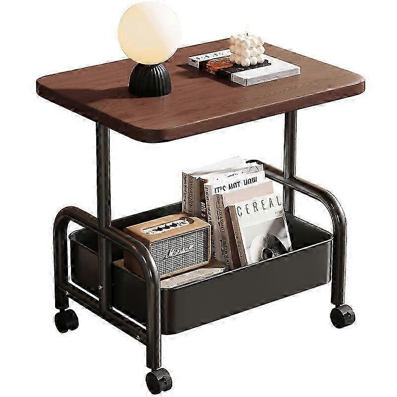 25-26 Rolling Side Table with Storage Shelf, Wood Top & Metal Frame for Living Room