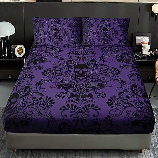 Skull Floral Design 3-Piece Bed Sheet Set - 100% Polyester, Digital Print, Breathable All-Season Fitted Sheet and Pillowcase Set
