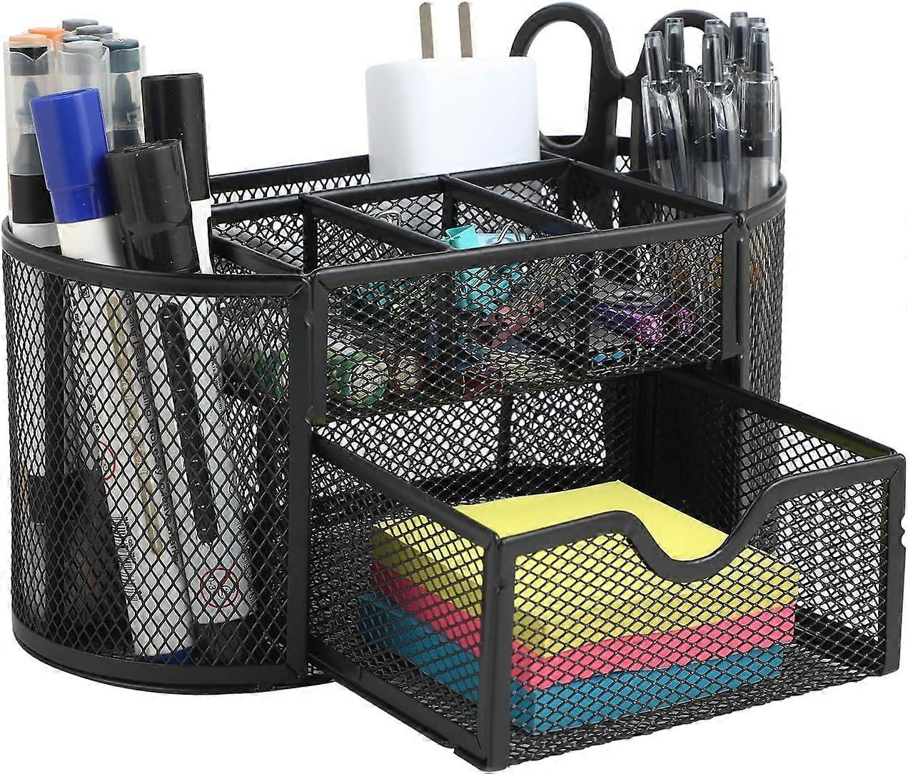 Desk organizer with drawer  Black model with drawer and pencil holder, ideal for desk organization, offering an optimized and tidy space.