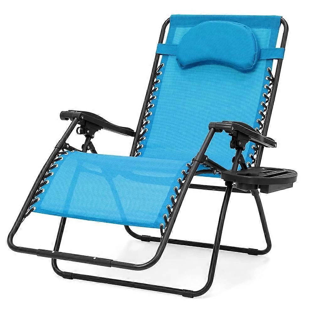 Oversized Zero Gravity Chair, Folding Outdoor Patio Lounge Recliner w/Cup Holder Accessory Tray and Removable Pillow - Light Blue