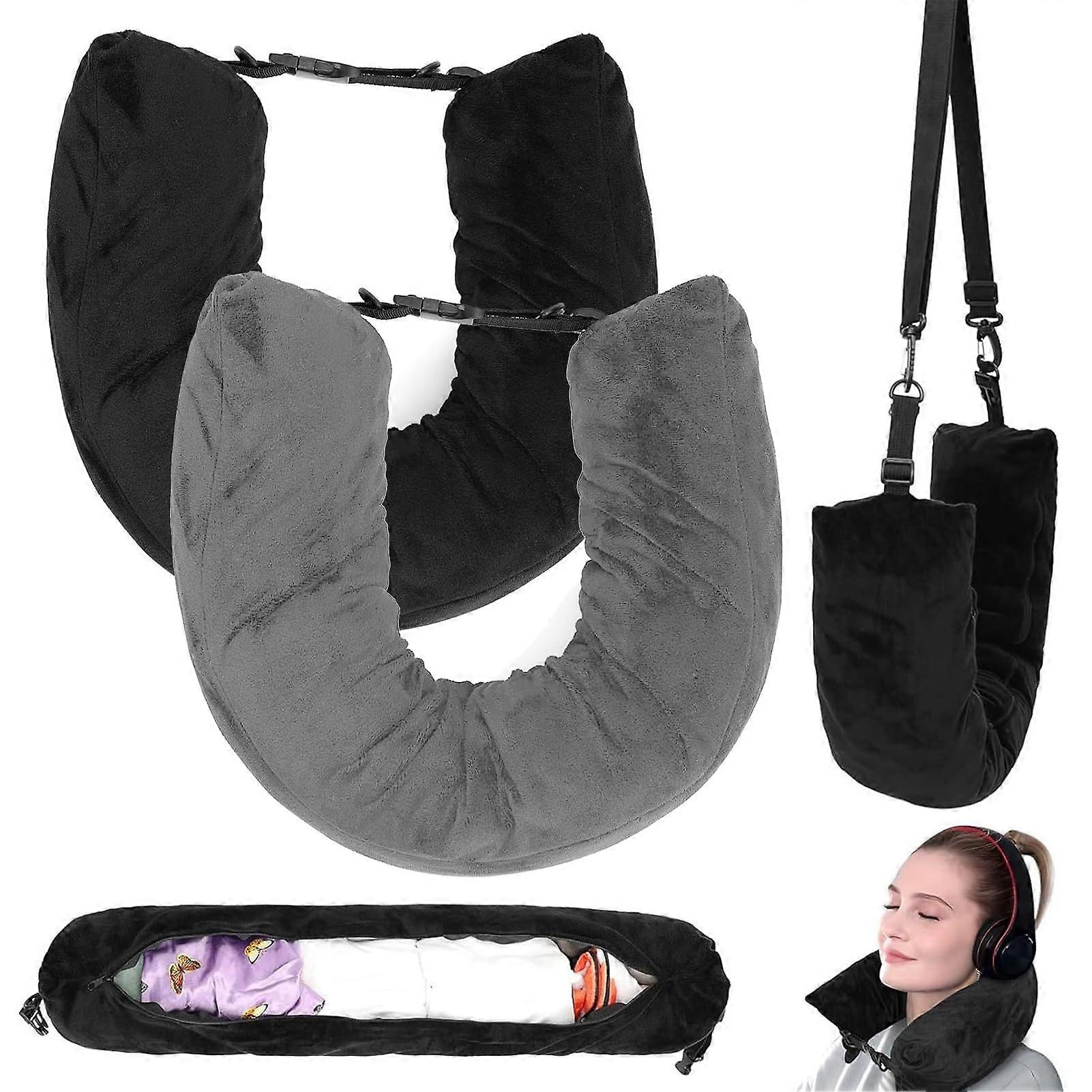 2 Pcs Travel Neck Pillow UShaped 2 in 1 Convertible Case with SpaceSaving Storage Black Grey