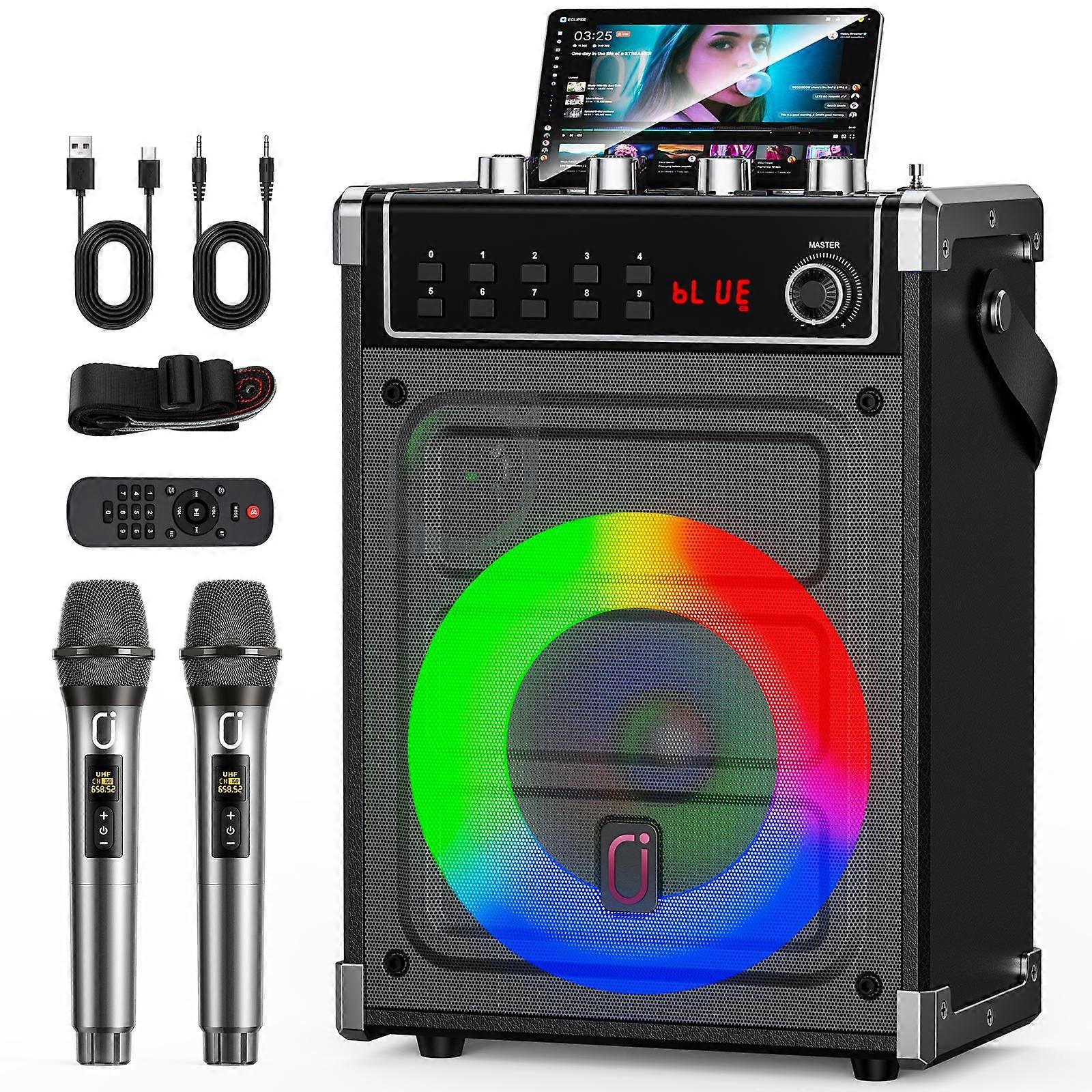 Karaoke Machine, Bluetooth Speaker with Bass/Treble/Echo Adjustment & LED Light, Support USB, SD Card, AUX, TWS, FM, REC