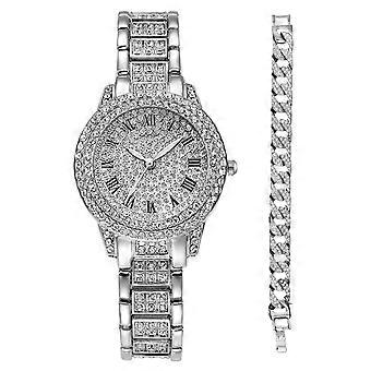 Römische Armbanduhr mit Stahlgürtel und Diamanten, glamouröses Business-Quarzarmband im Hip-Hop-Stil, komplettes Diamantarmband-Set