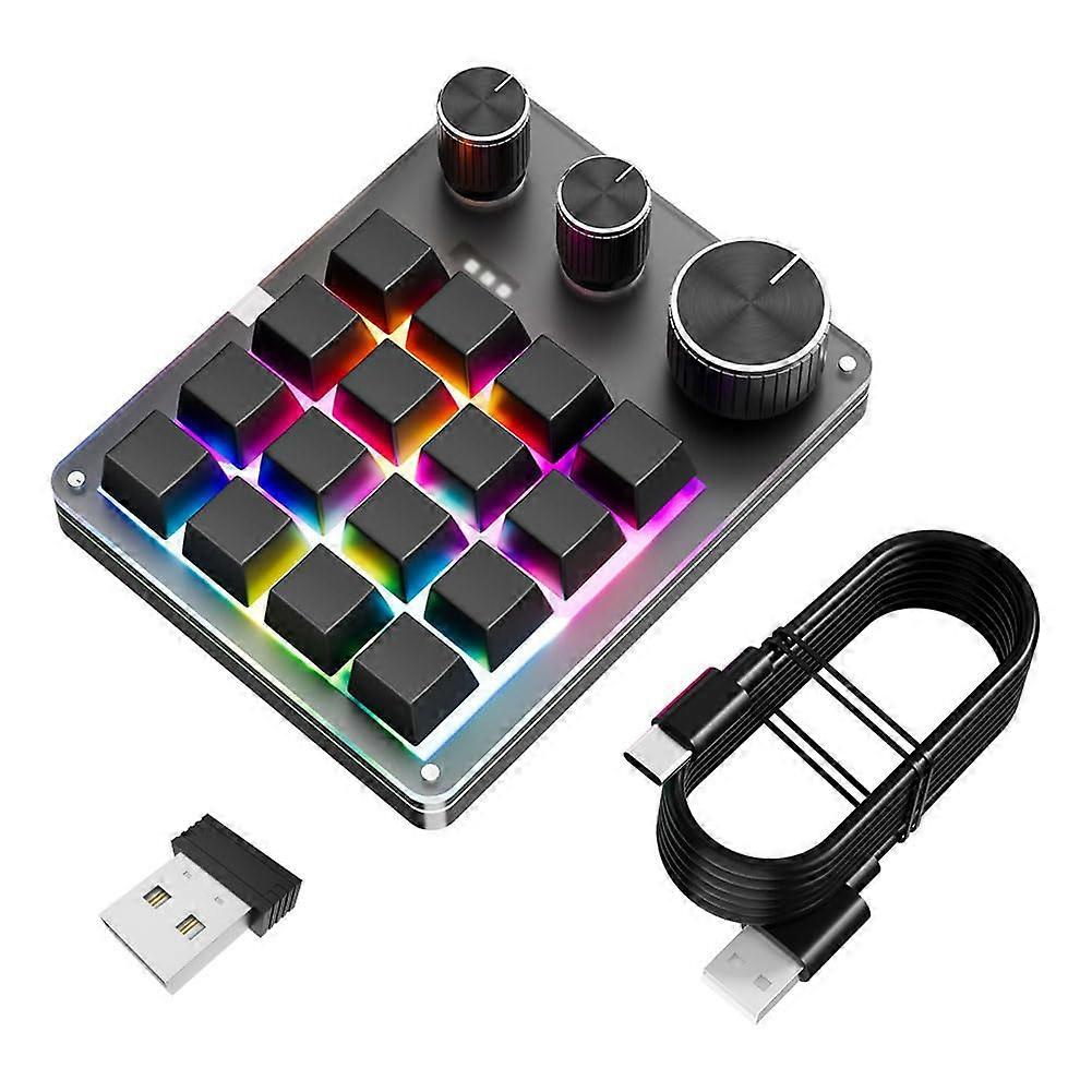 Wireless RGB Programmable Macro Keyboard, 16 Keys 3 Knobs OneHanded Gaming Keypad with TriMode