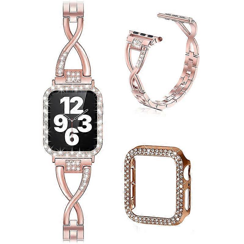 Rhinestone Decor Protective Case + X-shape Metal Watch Strap Scratch-resistant Replacement for Apple
