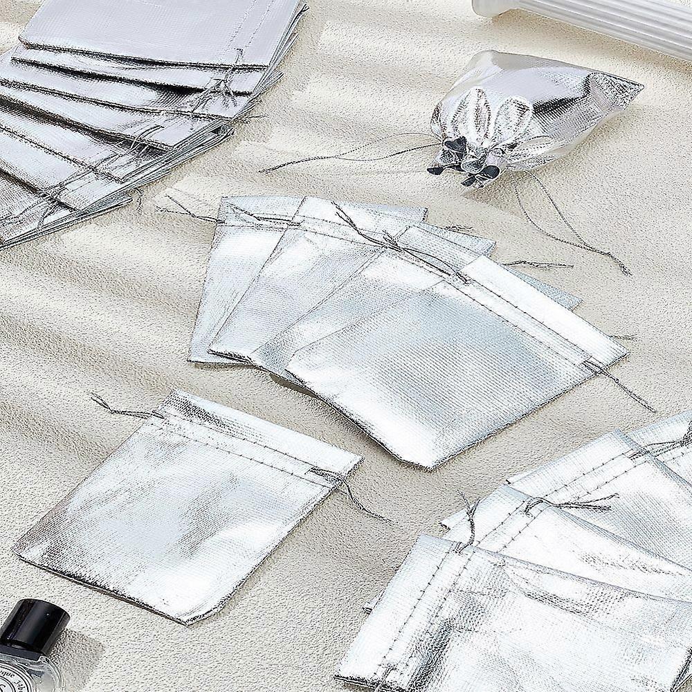 20pcs Organza Bags Drawstring Pouches Rectangle Silver 12x9cm