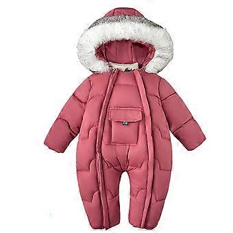 Macacão infantil de inverno com capuz, zíper e enchimento de plumas, na cor vermelho melancia, tamanho 12-18 meses, ideal para aniversários, casamentos e fins de semana.