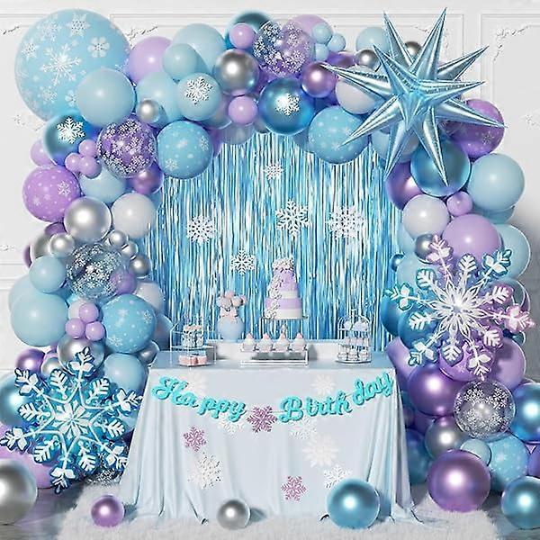 212pcs Frozen Balloon Arch Kit: Blue/Purple/White Balloons, Fringe Curtain, Snowflakes, Birthday Banner – Winter Wonderland Party Decor