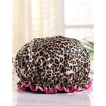 Shower Cap with Leopard Print, Pink Ruffle Trim, Water Resistant, One Size