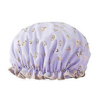 Double-Layer Reusable Waterproof Shower Cap for Women, Soft Fit, Peach Heart Purple