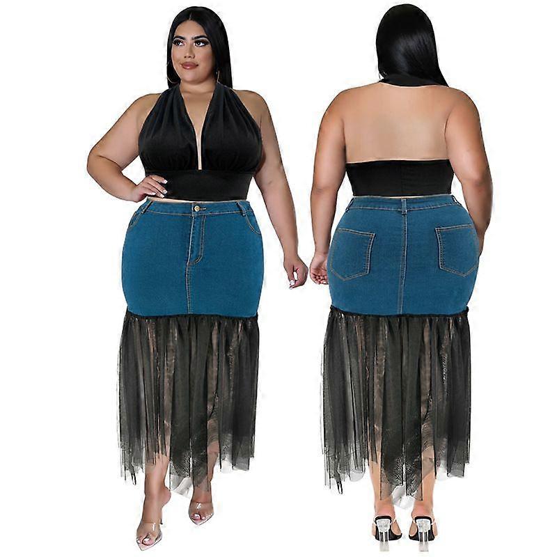 Women's Denim Patchwork Mesh Skirt