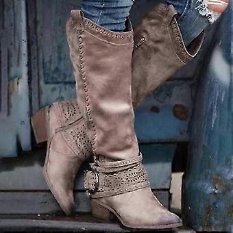 Women Western Cowboy PU Boots Thick Heel Under Knee Mid Calf Autumn Winter_hp