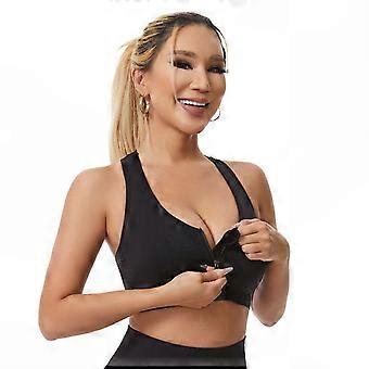 Women's Sports Bra, Breathable Nylon Front Zipper with Hollowed Back, Athletic Top for Outdoor Running Pilates Workout, Black, S