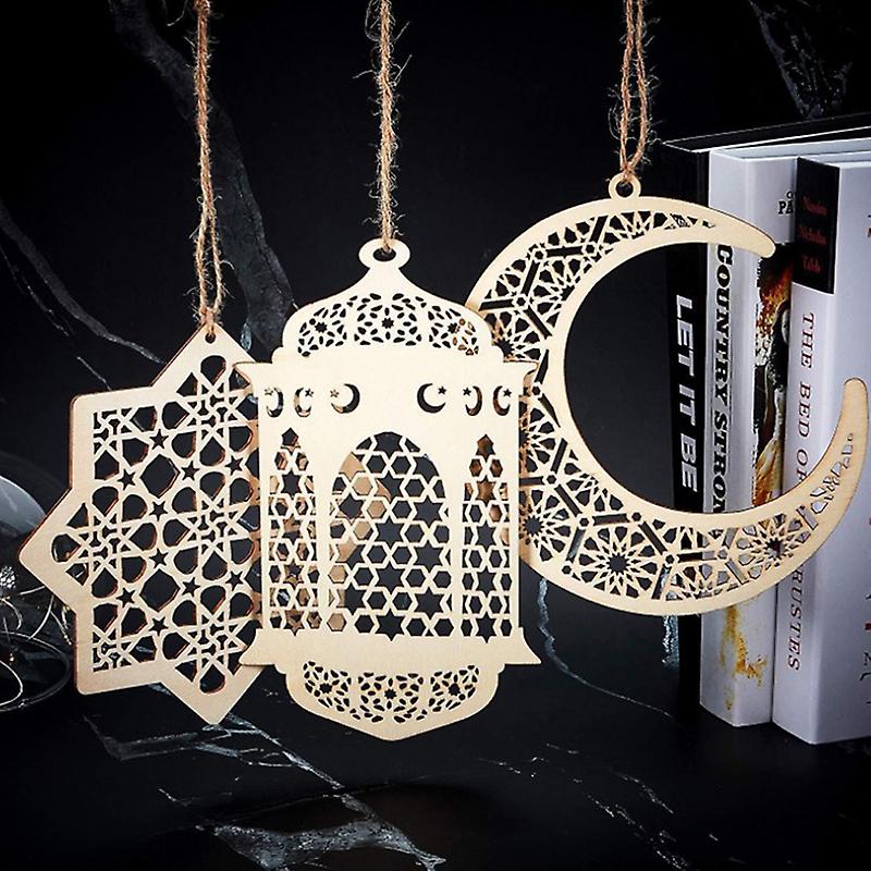 3pcs 2023 Mubarak Wood Ramadan Decoration Eid Banner Craft Moon Pendants