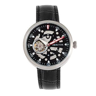 Heritor automatisk Jasper skelet læder-band Watch-sølv/sort