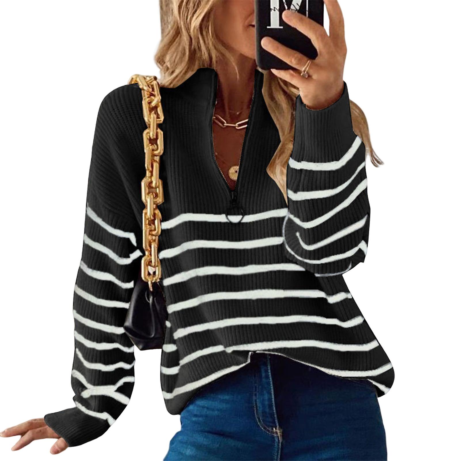 Höst Vinter Dragkedja Pullover Tröja Randig tryckt V-ringad knapp Stickade kläder