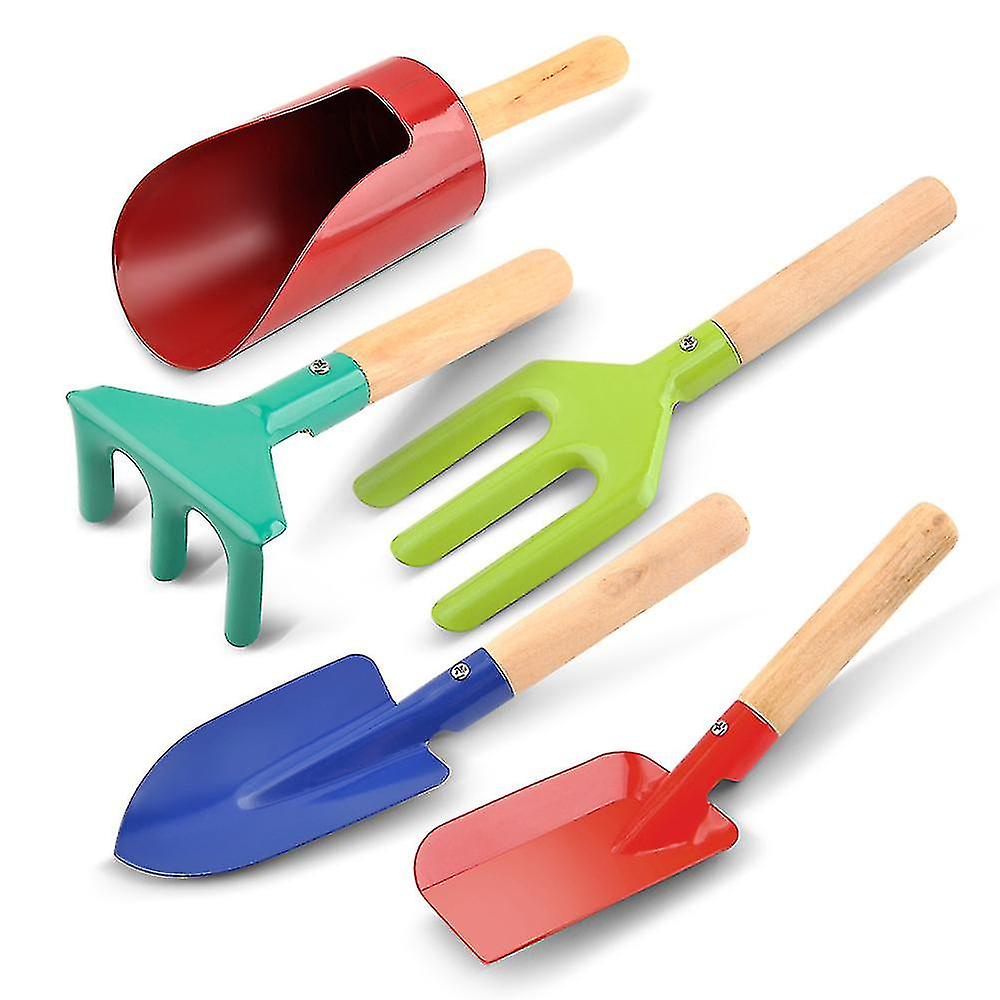 Set Of 5 Kids Garden Tools Includes Shovel, Rake, And Trowel Children Beach Sandbox Toy