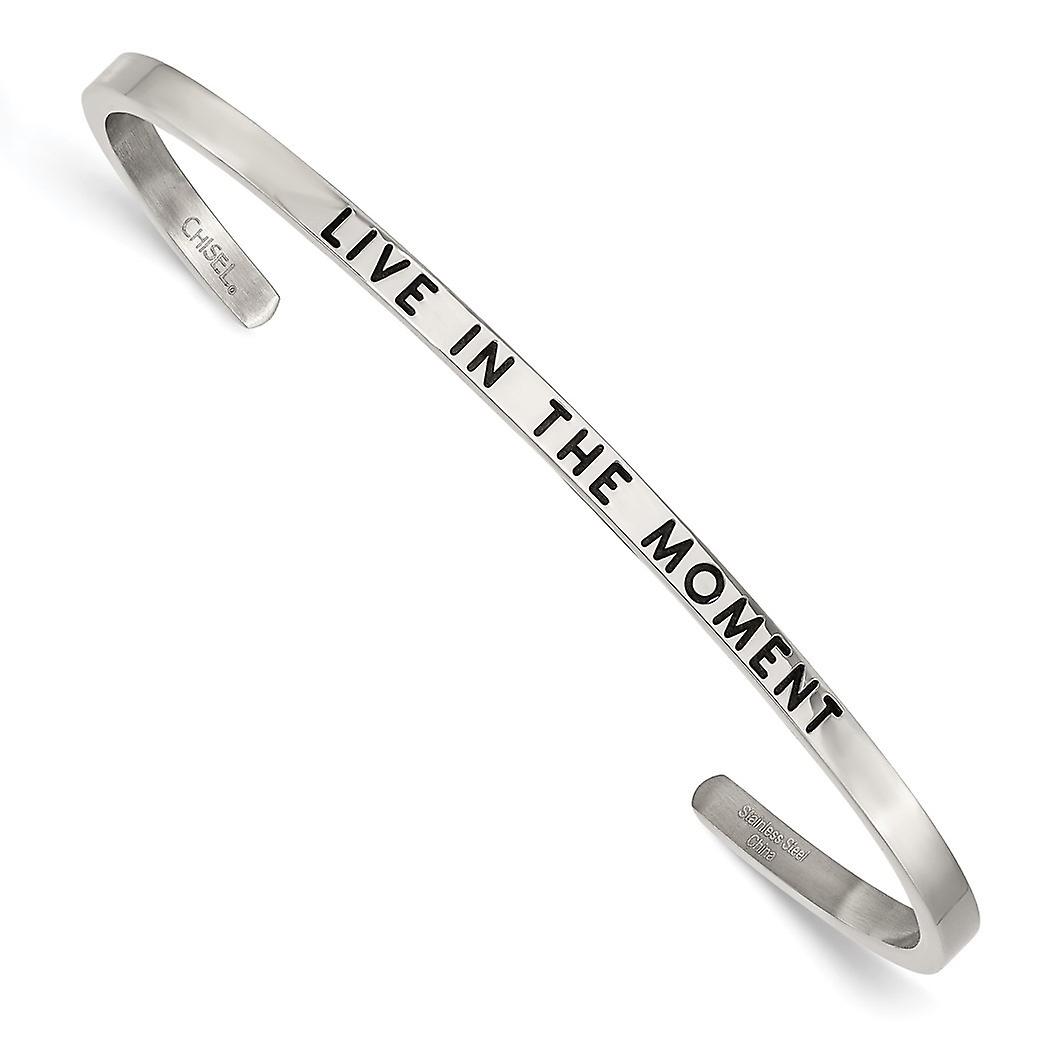 Stainless Steel Polished and Enameled With Crystal Live In The Moment 3mm Cuff Stackable Bangle Bracelet-Cuff-Bracelet f