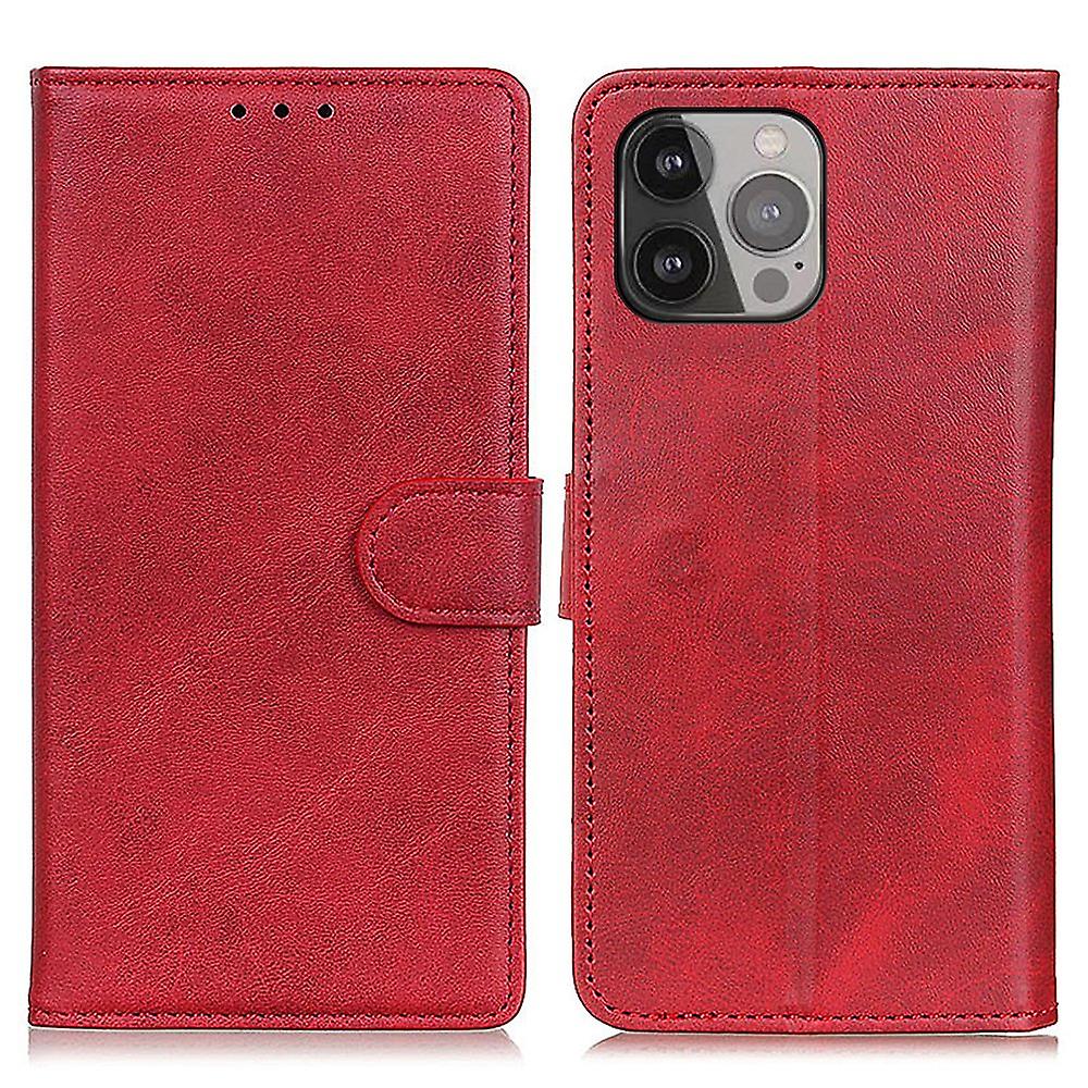 For iPhone 16 Pro Max Case Cowhide Texture Leather Flip Wallet Phone Cover - Red