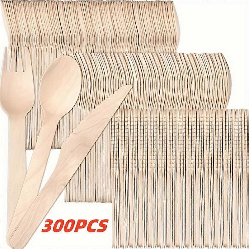 300pcs Disposable Wooden Cutlery Set With 100 Forks, 100 Knives And 100 Spoons, Disposable Wooden Utensils For Party Camping Banquet Wedding Picnic