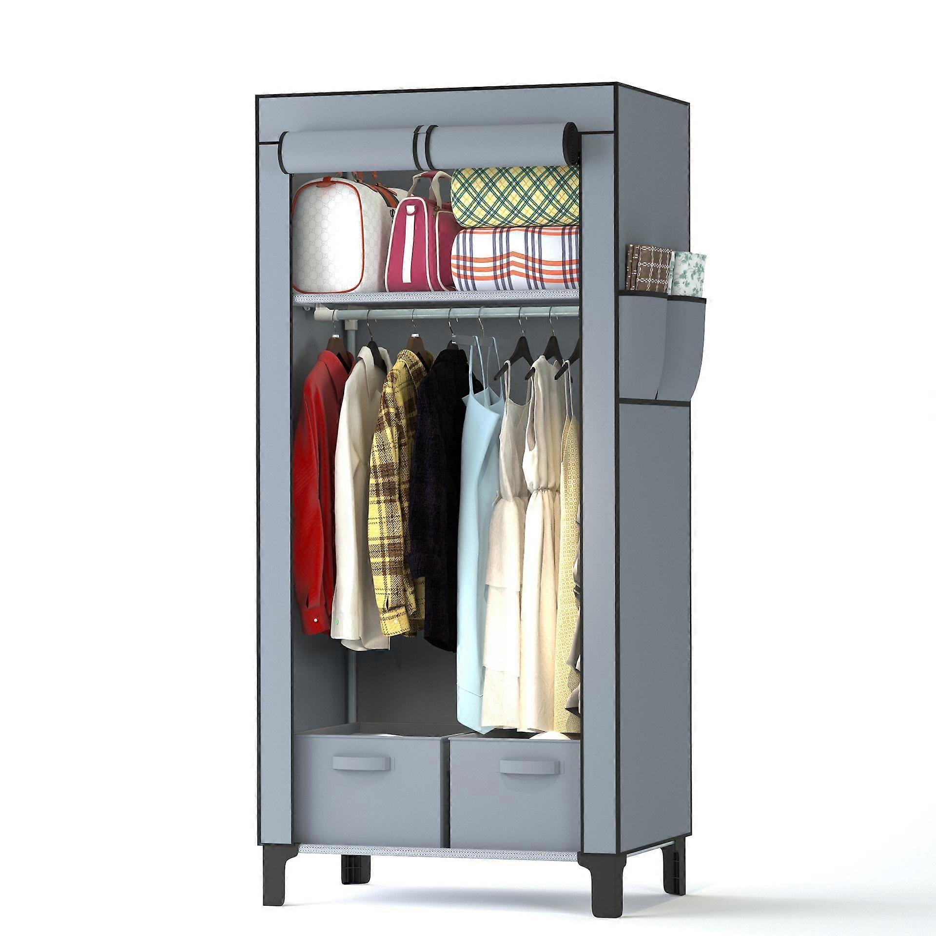 Portable Double Canvas Standing Wardrobe with Hanging Rail and Cube Drawer