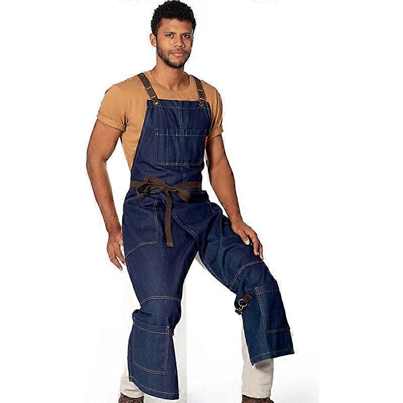 Sky Blue Pottery Apron - Full Coverage Cross Back, Durable Denim, Leather Reinforcement and Stacked Split Legs - Adjustable for Men and Women