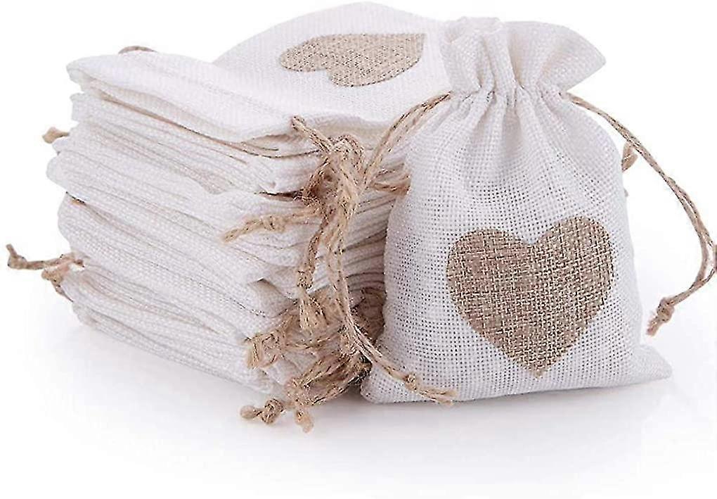 30pcs Burlap Bags Pouches With Drawstring And Heart Pattern For Jewelry Gift