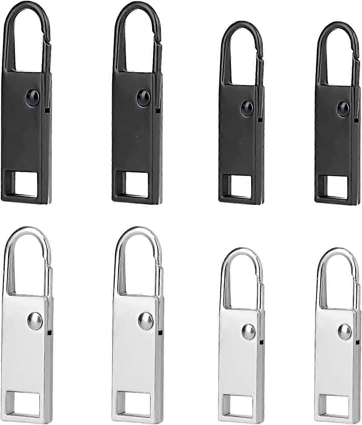 8pcs Pull Replacement Metal Zippers, Premium Zipper Pull Replacement Zipper Pull Tabs Replacement Ungraded Zipper Pull(Silver, Black)