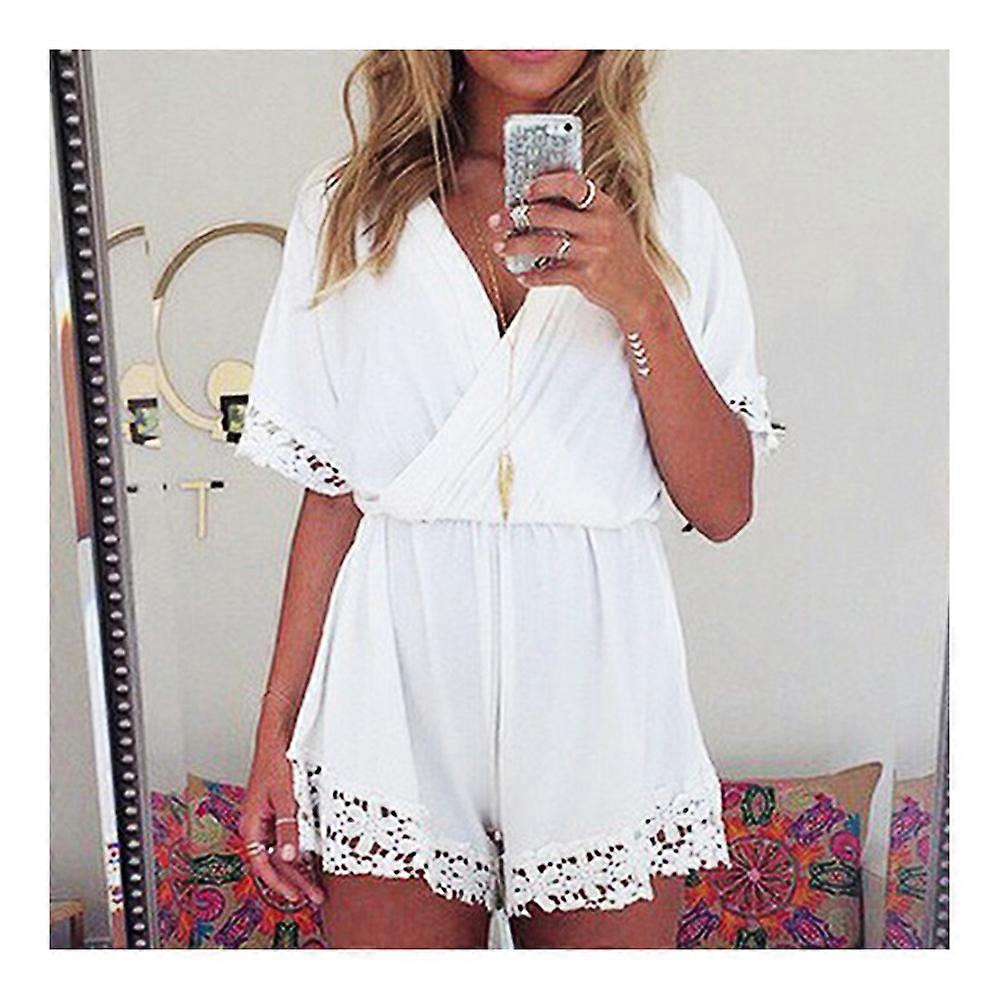 White Chiffon V-neck Macrame Sexy Siamese Trousers Jumpsuit