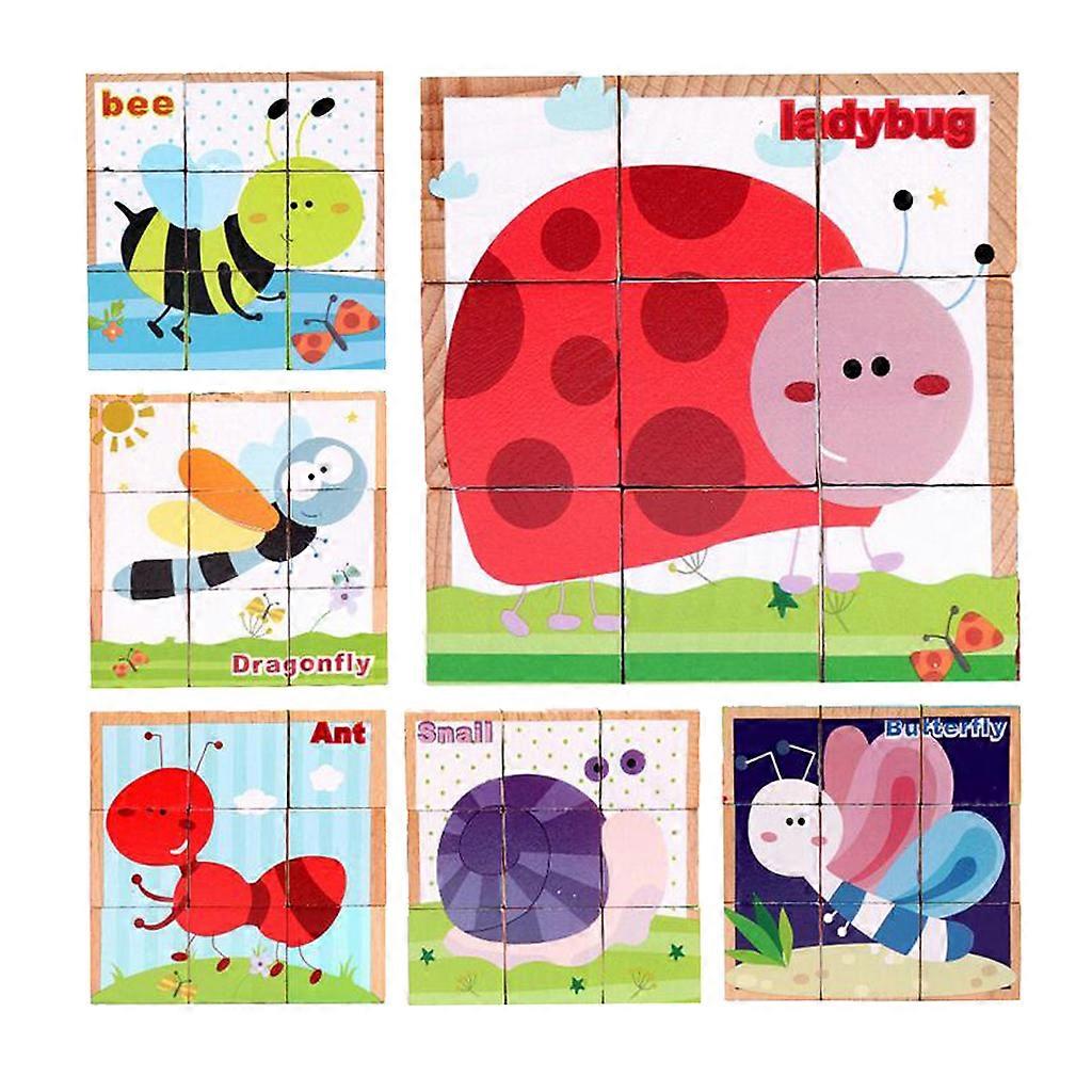 9pcs/set Wooden Cube Block Jigsaw Insects Puzzle Toys for Preschool Kids