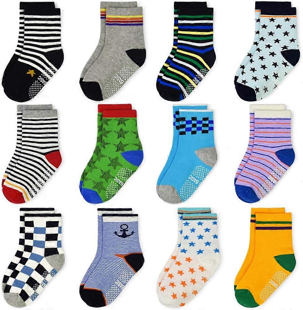 12 Pairs Toddler Non Skid Socks with Grips Anti Slip Bottom. Cotton Non Slip