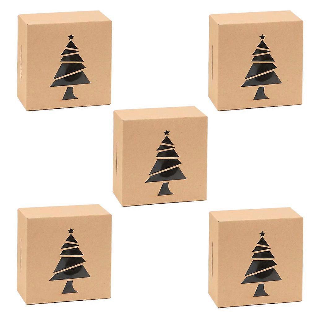 5Pcs 4 Inch Kraft Paper Candy Boxes with Clear Window Christmas Snowflake Tree Elk Pattern Bakery Pastry Packaging Container for Mini Cake Cupcake