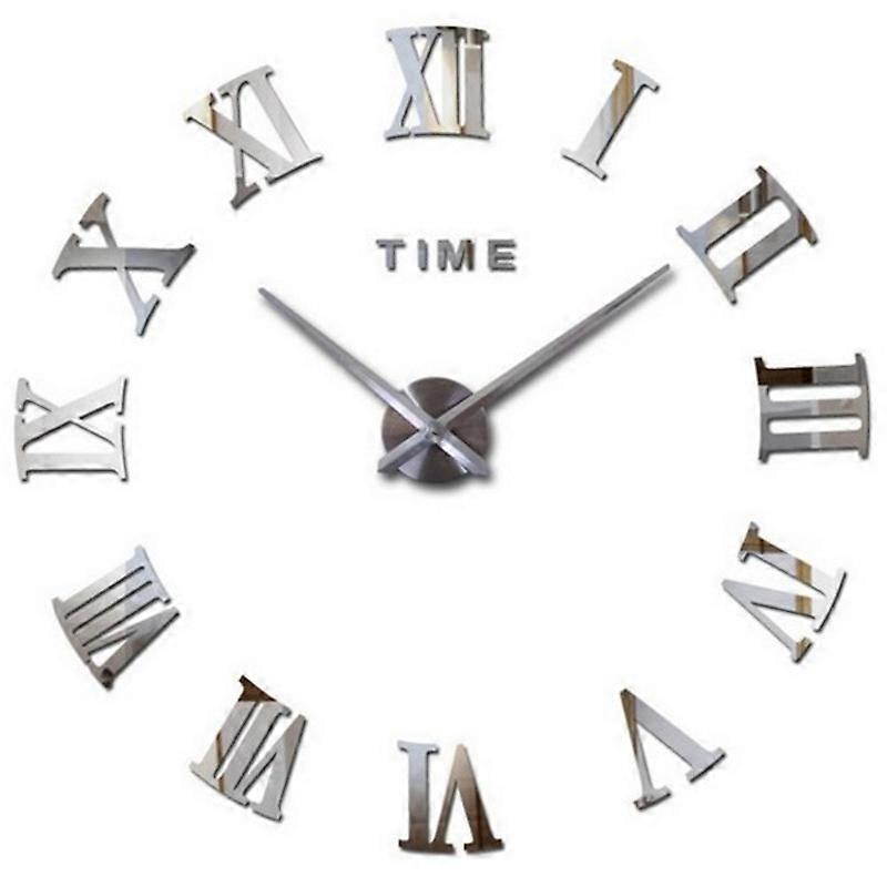 Modern Large DIY Wall Clock Big Watch 3D Sticker Roman Numerals Wall Clock Home Office Removable Decoration for Living Room - Silver (Battery NOT Incl