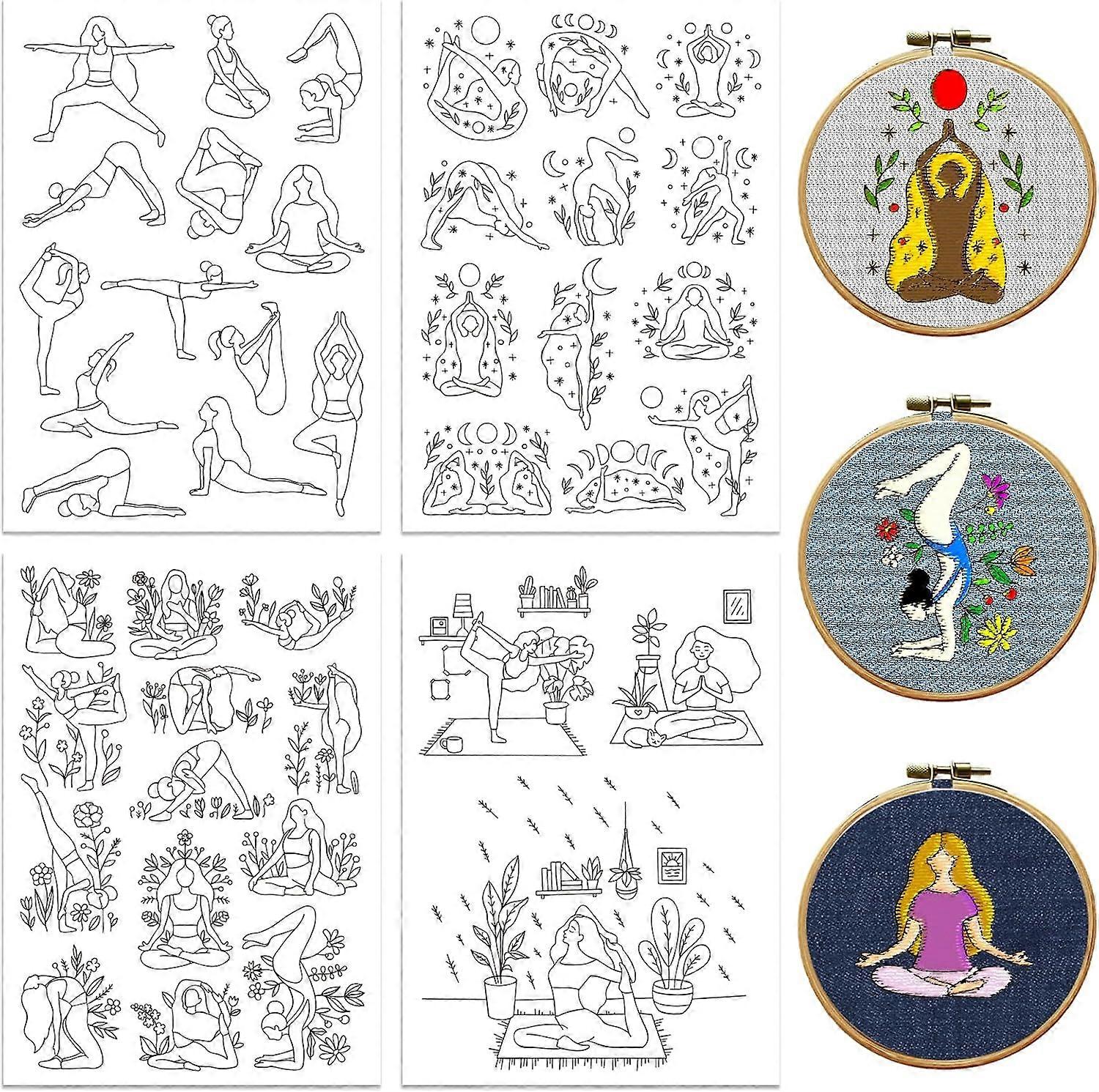 Water Soluble Embroidery Patterns for Beginners 4 Sheets with 41 Patterns Wash Away Embroidery Pattern Stabilizer for Hand Sewing Yoga Lover Women Adu
