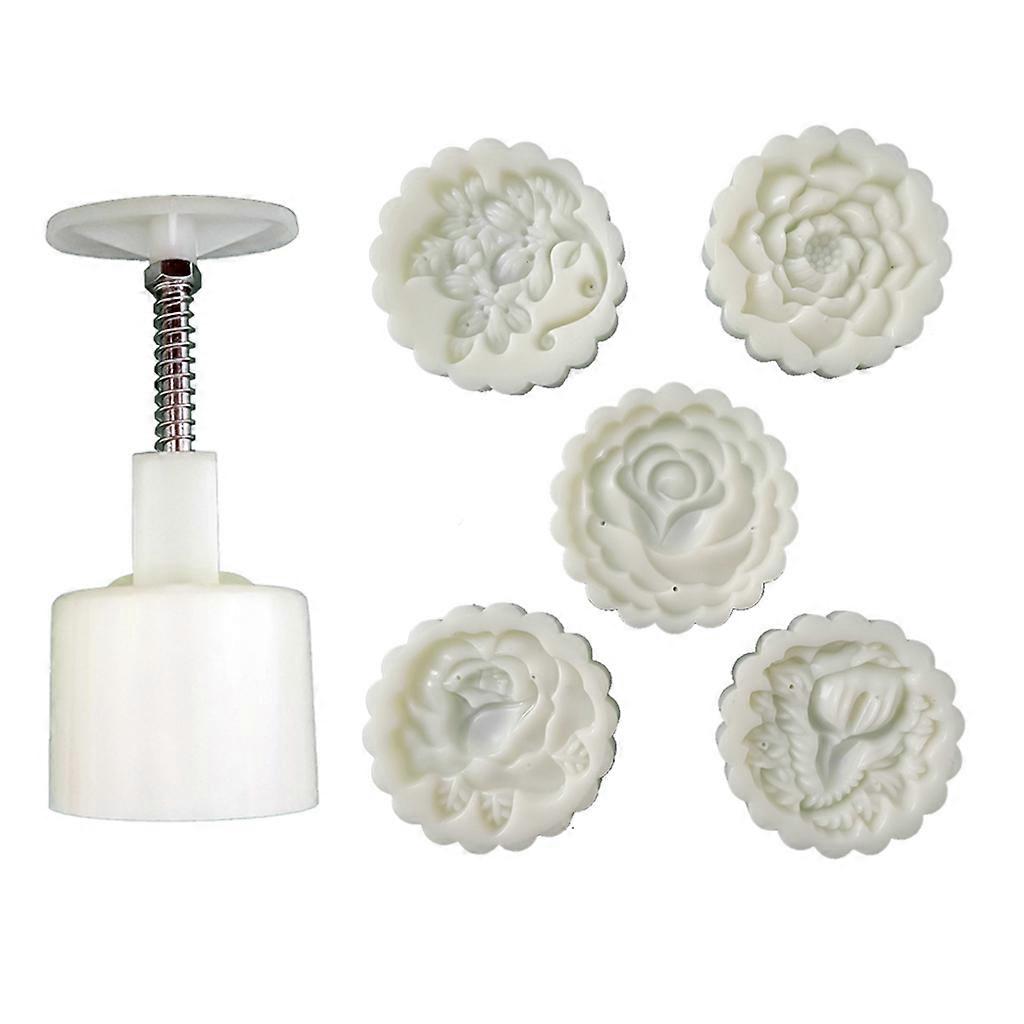 Moon Cake Mould 75g Flower Pattern Hand-Pressure Mooncake Molds for Mid-Autumn DIY Pastry Tool Sets with 4pcs Round