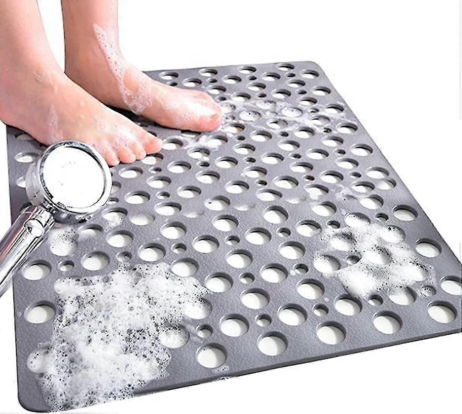 Anti-mildew Non-slip Square Shower Mat, 53 X 53cm Non-slip Rubber Bath Mat With Drain Holes, Machine Washable, Gray