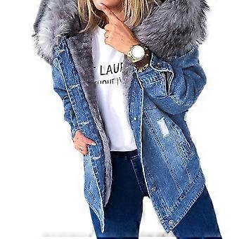 Women Winter Warm Fluffy Collar Hooded Denim for Jacket Thick Plush Lined Warm Long Sleeve Jean Coat Button Down Oversized Loose Outerwear  a XL
