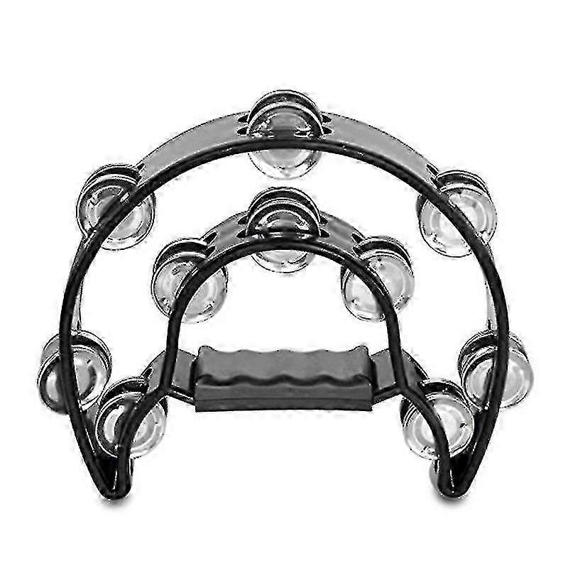 Handheld Black Tambourine with Double Row Jingles Half Moon Metal Design