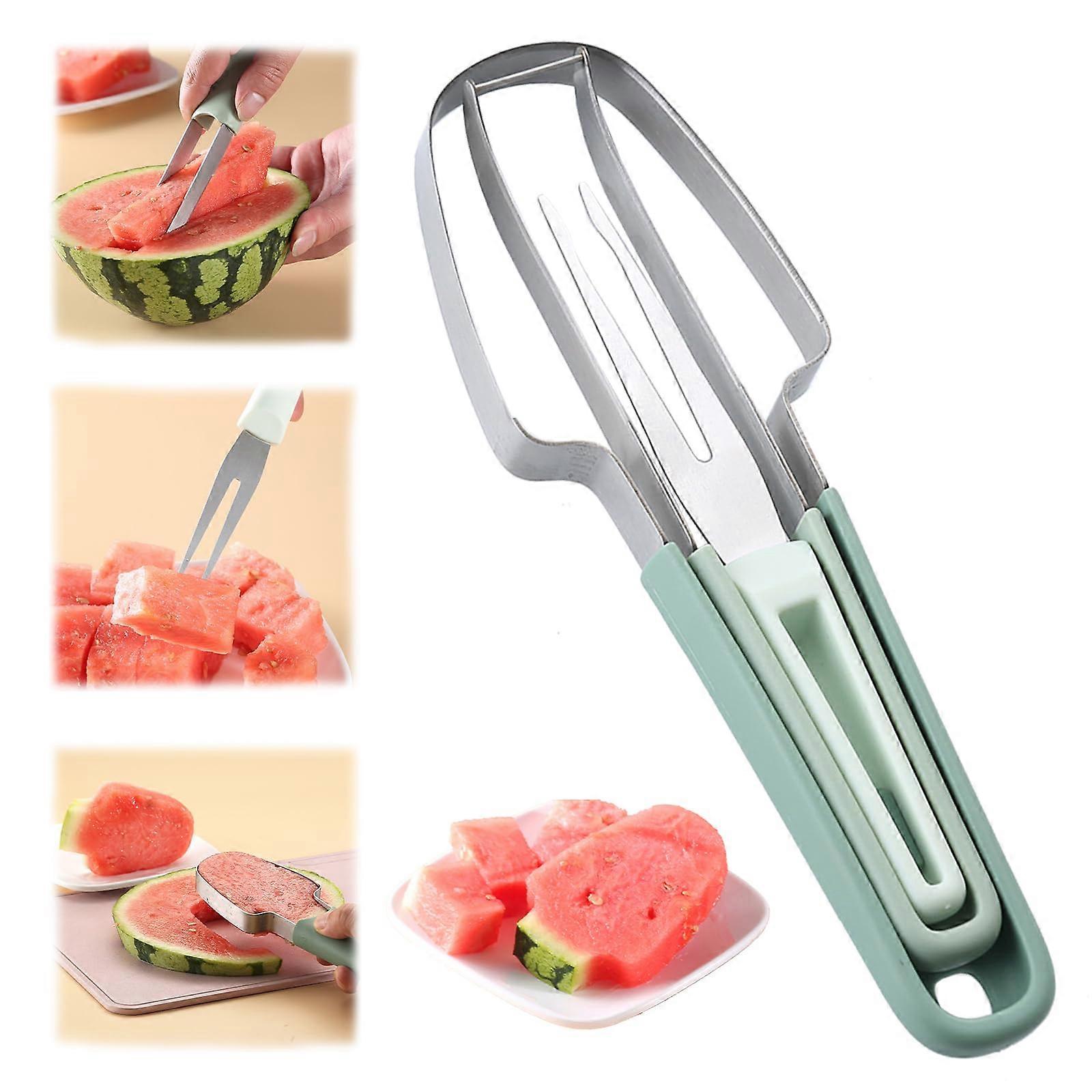 Watermelon Fork Slicer Cutter 3-in-1 Stainless Steel Tool for Fruit Serving, Portable Melon Knife for Camping and Kitchen