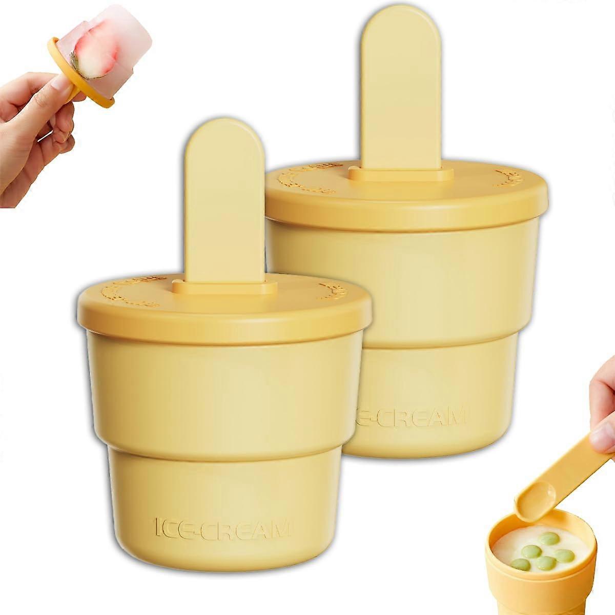 2-in-1 Ice Cream Containers Set, Reusable Silicone Lid Storage for Homemade Ice Cream, Leak-Free, Yellow, 2 Pack