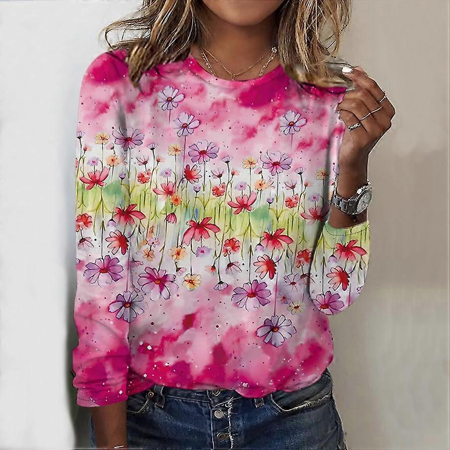 Toppar För Vår & Höst Wild Flowers Print Rund hals Långärmad T-shirt Höst Casual Slim Pullover Långärmad Topp för kvinnor
