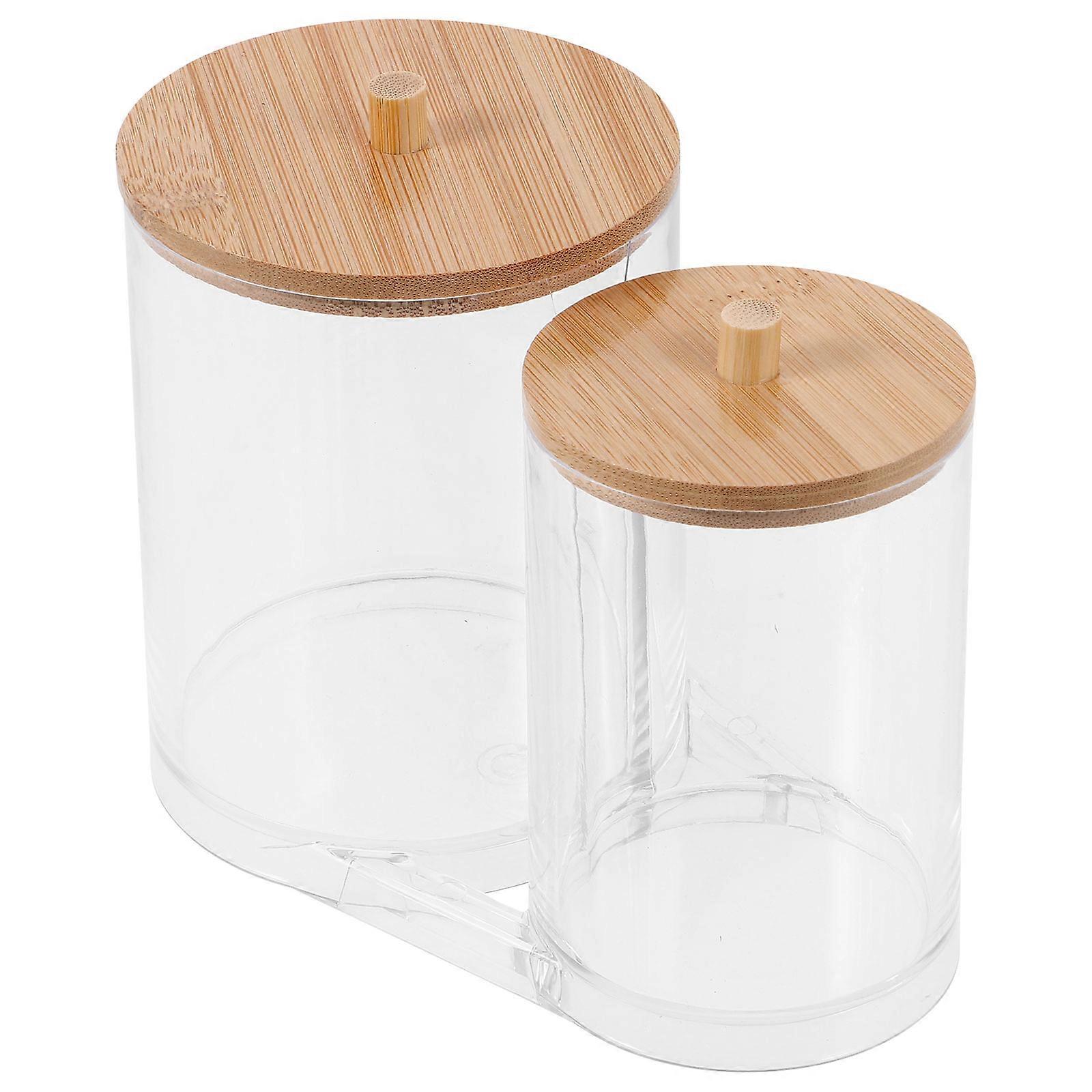 Acrylic Cotton Swab and Pad Organizer with Clear Jar and Wooden Lid – Compact Transparent Makeup Storage Box for Bathroom, Bedroom, or Desktop Use