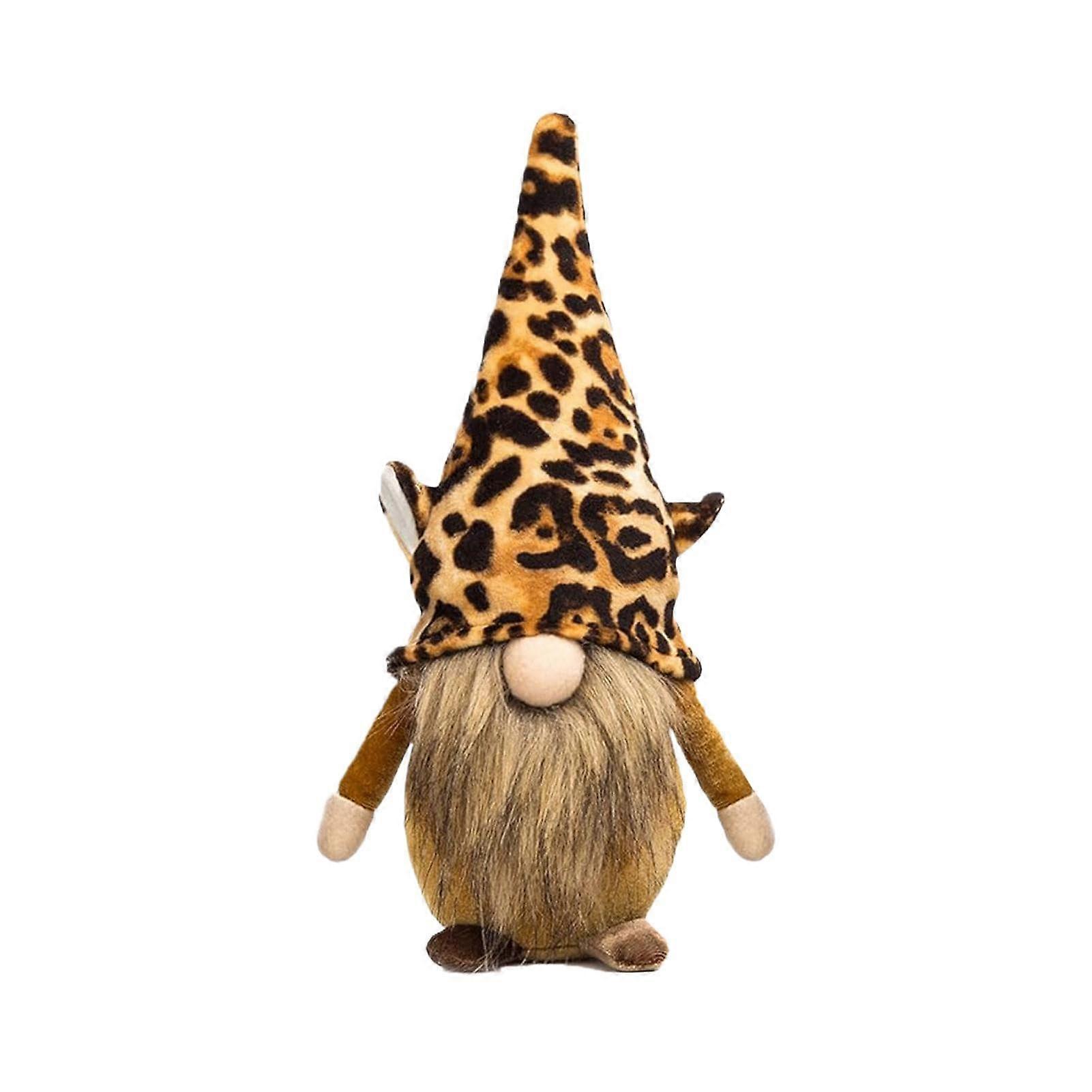 Plush Garden Gnome Decoration with Winter Faceless Dwarf Figure in Brown Tiger Leopard Print