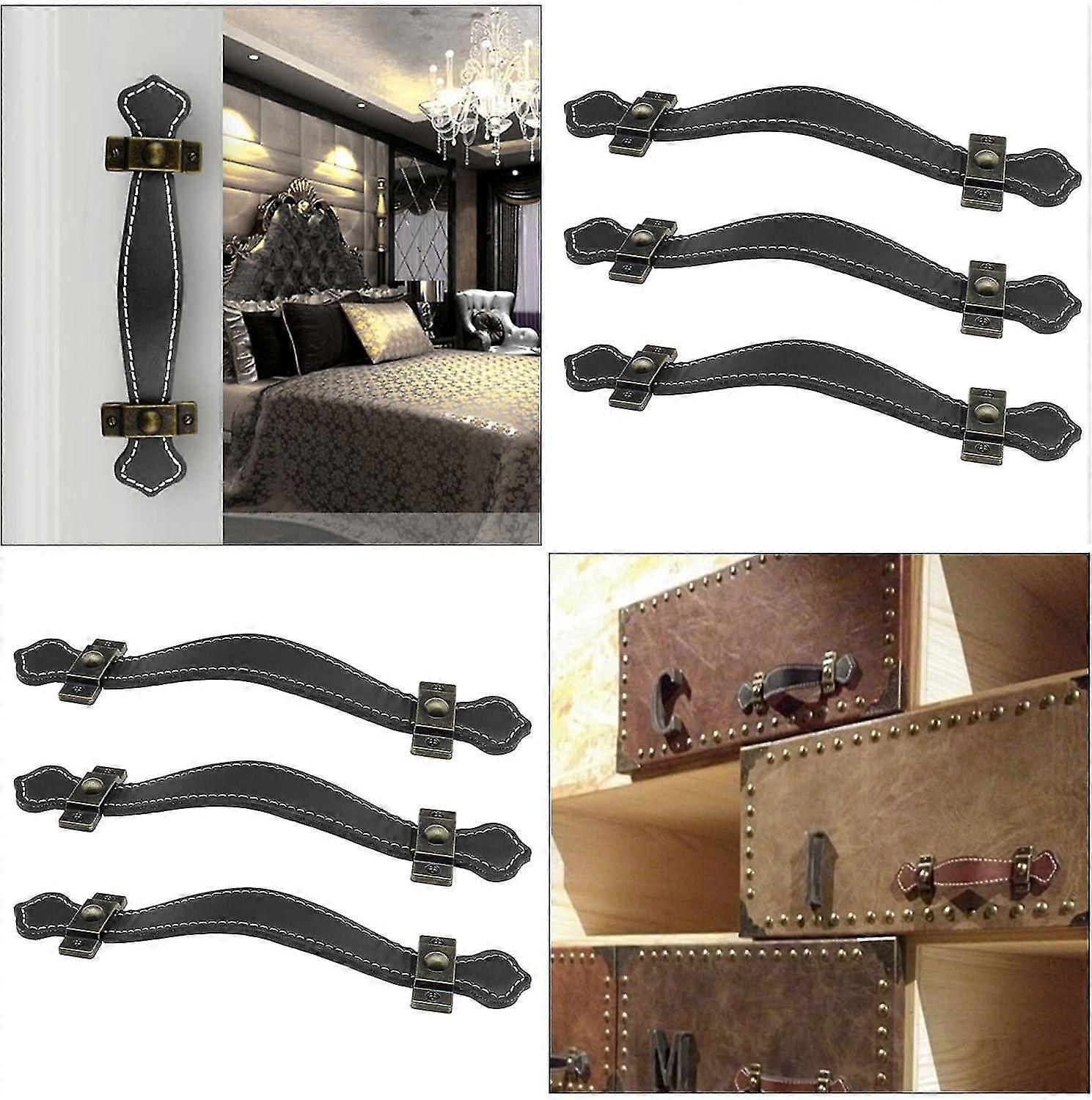 6pcs Leather Drawer Pulls - Retro Handles, Black, Cupboard Knobs