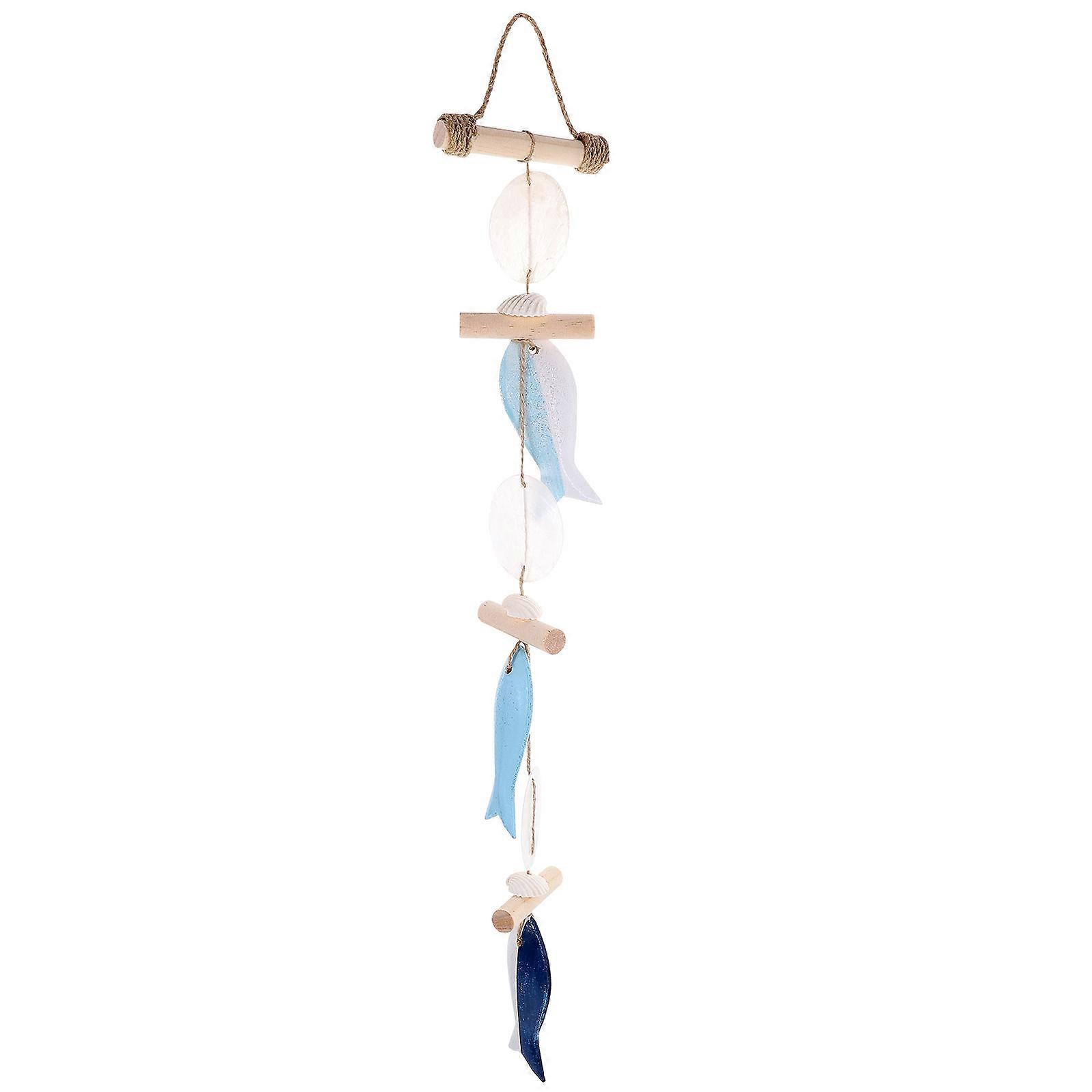 Wind Chime Pendant Wall Hanging Decoration Fish Shape Seashell Design 52x10cm Wooden 1Set