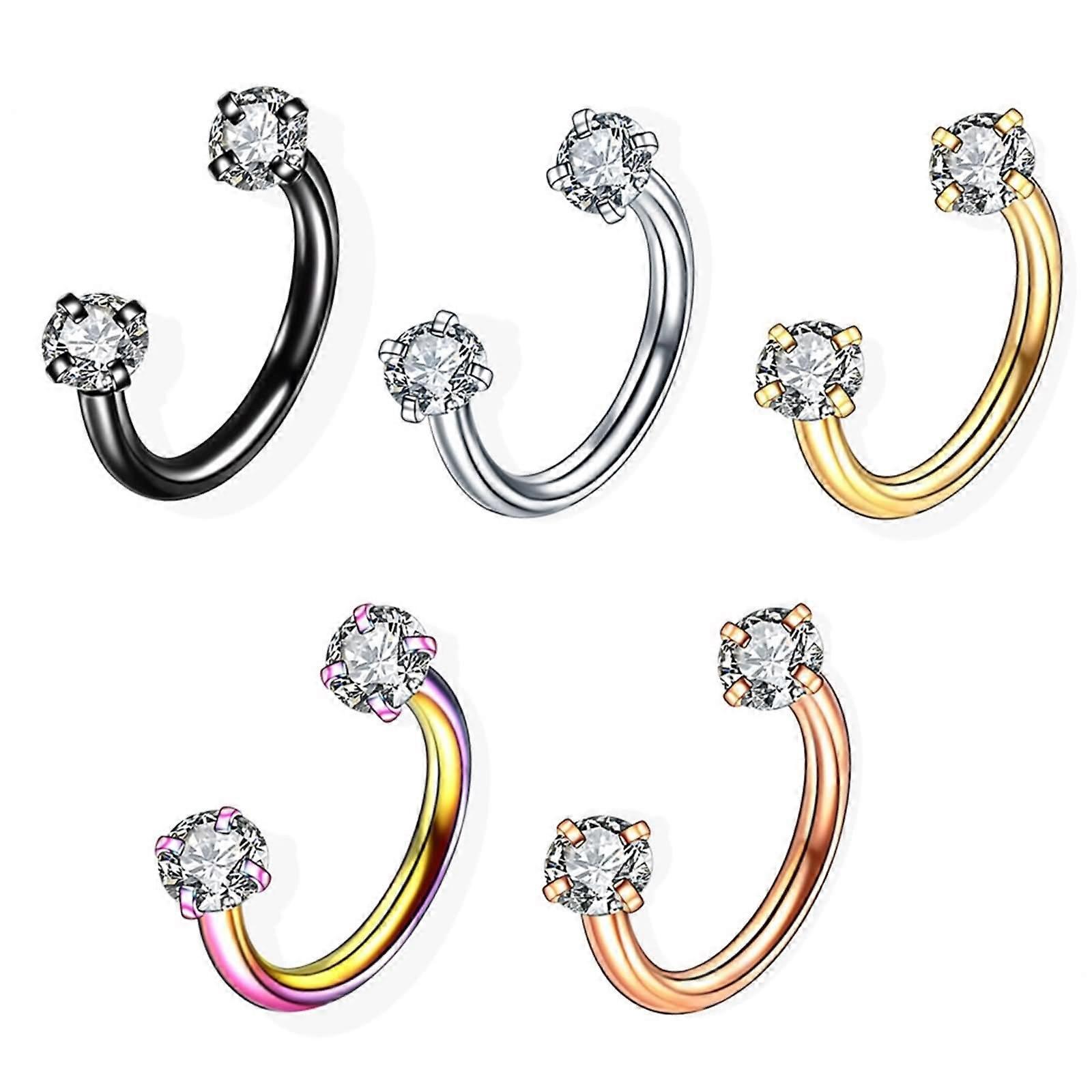 Nose Studs Pack of 5, Stainless Steel Long Bar Nose Piercing with Mixed Color Cubic Zirconia, 1.2 mm